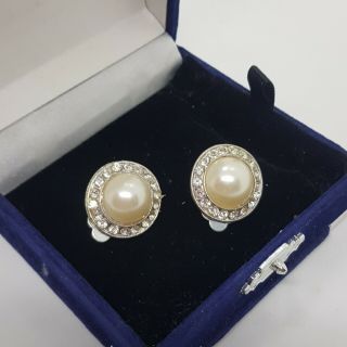 Vintage 80/90s Clip - On Earrings Faux Pearl Round Sparkly Rhinestone Drag Disco