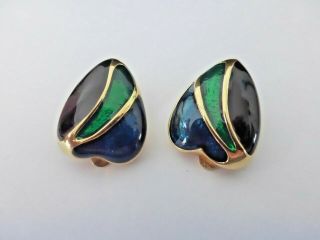 Vintage Clip Earrings Heart Shaped With Blue&green Enamel