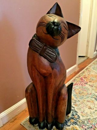 Vintage Wooden Hand Carved Xl Folk Art Cat 31 " Statue Sculpture
