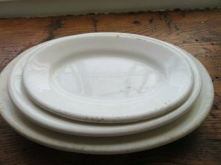 3 Old Vintage Thick Chunky White Ironstone Oval Platters Dishes Different Sizes