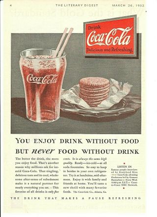 Vintage 1932 Coca - Cola Coke " Delicious And Refreshing " Print Art Ad
