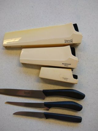 3 Vintage Wilkinson Sword Slicing Pairing Knives With Self Sharpening Holders