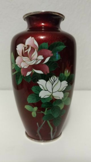 Vtg Japan 7 1/2 " Pigeon Blood Red Ginbari Foil Cloisonne Enamel Vase W/ Roses
