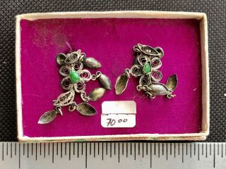 Antique Vintage Chinese Export Filigree Sterling Silver Floral Jade Earring