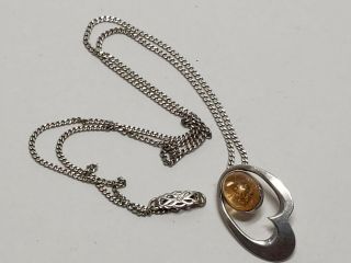 Vintage Noble Smith Sterling Silver Amber Cabochon Heart Pendant Necklace