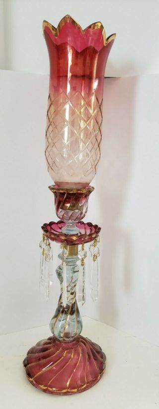Vintage Ruby Flash Glass 22 " Hurricane Candle Holder Prisms Gold Trim