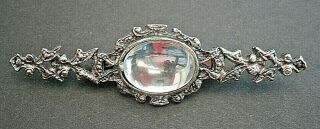 Ar179) Vintage Silver Tone Clear Glass Cabochon Inlay Bar Brooch