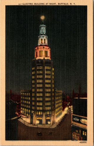 Electric Building At Night,  Buffalo,  Ny,  - York - Vintage Linen Postcard