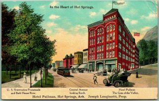 Vintage 1911 Hot Springs,  Arkansas Postcard Hotel Pullman Street View W/ Cancel