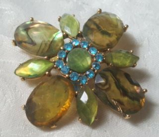 Vintage Rhinestone Abalone Sea Shell Flower Pin/brooch Gorgeous Icy Green Color