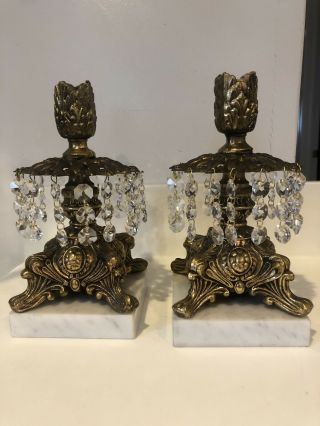 Vintage Pair Ornate Brass Candlestick Holders Crystal Prism Marble Base 8.  5 "