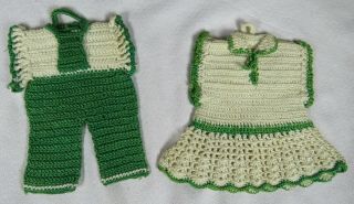 Vintage Hand Crocheted Set Of Pot Holders / Hot Pads 2pc Green,  Dress,  Pants.