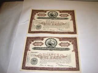 2 Vintage 1953 Colt Patent Firearms Stock Certificate Hartford Ct 100 & 20 Share