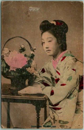 Vintage Japan Japanese Postcard Girl In Kimono / Basket Of Flowers C1910s