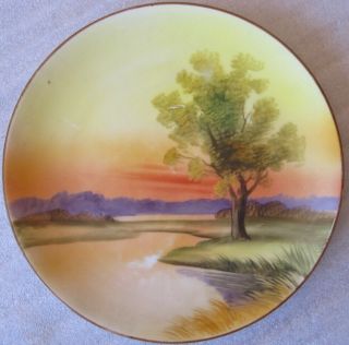Vintage Nippon Plate - Sunset Tree & Water Scene - Green M Wreath Mark