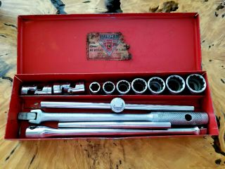 Vintage 13 - Pc Indestro 3/8 " Socket Set With Metal Case Chicago,  Ill.  Usa
