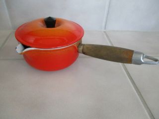 Vintage Le Creuset Flame Orange Wood Handle Sz 14 Cast Iron Saucepan With Lid
