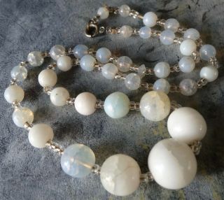Vintage Art Deco Fluorescing White Glass Graduated Bead Necklace - A456