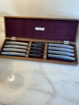 Vintage 1947 Set Of 8 Gerber Miming Steak Knives In Walnut Box Abercrombie Fitch