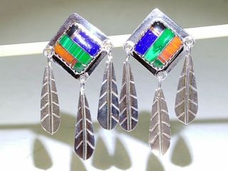 Vintage Zuni Sterling Silver Multi Stone Inlay Post Concho Earrings " Signed 1.  5 "