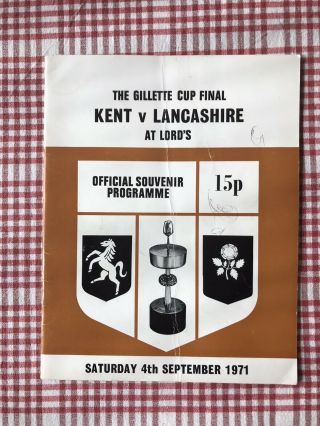 Gillette Cup Final Vintage Cricket Programme Lancashire Kent Rare Lords 1971