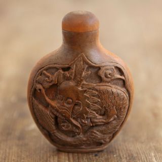 Vintage Chinese Asian Hand Carved Wood Wooden Dragon Snuff Bottle With Spoon
