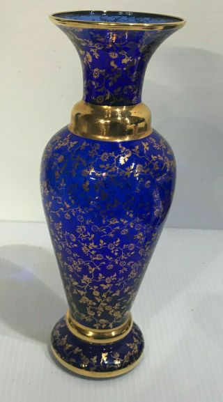 Vintage Cobalt Blue Glass Vase With Gold Floral Trim And Accents Gorgeous