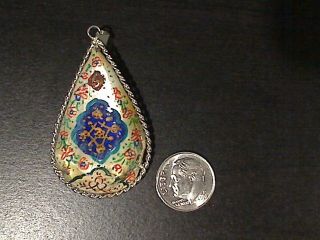 Vintage Antique Persian Birds Hand Painted Mother Of Pearl 2 Sided Pendant A16
