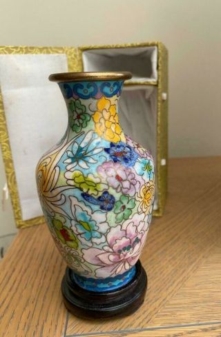Boxed Vintage Chinese Cloisonné Large Enamel Floral Vase With Box