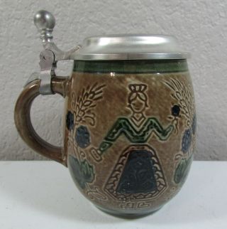 Vtg 1960 ' s Rein Zinn German Beer Brown Ceramic Stein Mug Porcelain Tin Lid 16 oz 2