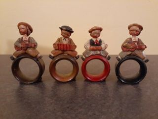 4 Vintage Anri Wooden Hand Carved Napkin Ring Set Moveable Heads