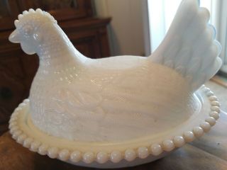 Vintage Indiana Glass White Milk Glass Hen On Nest Covered Dish