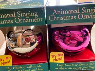 Vtg 1986 Pbc Animated Singing Christmas Ornaments 2 Pc Pink Does Not Blink