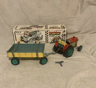 Vintage Schylling Wind Up Metal Tractor Trailer.  Czech Made
