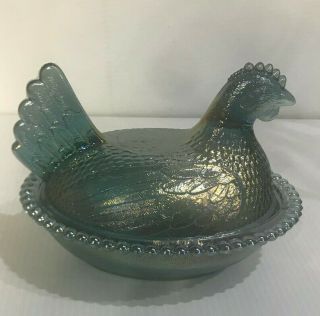 Vintage Carnival Glass Iridescent Blue Hen On Nest Candy Dish