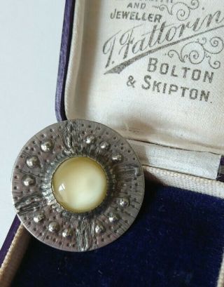 Vintage Arts & Crafts Ruskin Style Pewter Brooch Yellow Glass Cabochon Shawl Pin