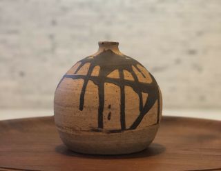 Vintage Mid Century Signed Studio Pottery Vase Japanese Brushstroke Wabi Sabi