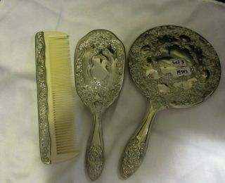 VINTAGE 1950 ' s Ornate Silver Plated 3 Pc Vanity Set Comb/Brush/Mirror Perfect 2