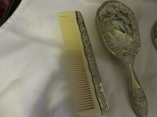 VINTAGE 1950 ' s Ornate Silver Plated 3 Pc Vanity Set Comb/Brush/Mirror Perfect 3