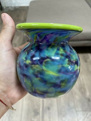 Vintage Hand Blown Art Glass Swirl Paperweight Multicolored Vase 4 “