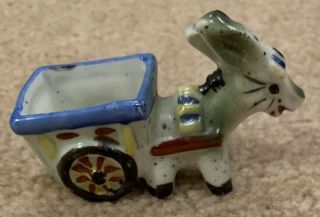 Vintage Ceramic Porcelain Donkey Pulling Cart Miniature Figurine Toothpick Japan