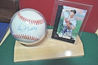 Greg Maddux Autographed Baseball And Signed Card Atlanta Braves In Display.