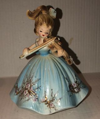 Vintage Josef Originals Girl Playing Violin Music Box Facination Blue Dress