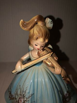 Vintage Josef Originals Girl Playing Violin Music Box Facination Blue Dress 2