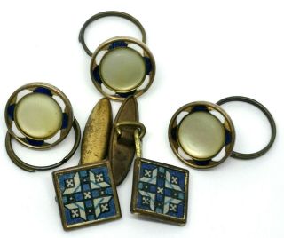 Vintage Enamel Art Deco Cufflinks And 3 Buttons Gold Blue Mother Of Pearl Square