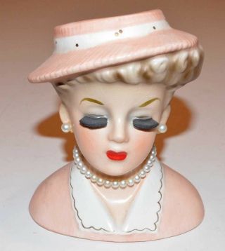 Vintage Lady Head Vase - Inarco E 969/s - Pink Dress & Hat With Pearl Jewelry