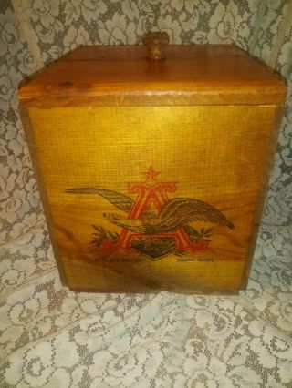 Vintage Wooden Ice Bucket With Lid Anheuser Busch Logo Advertising Barware