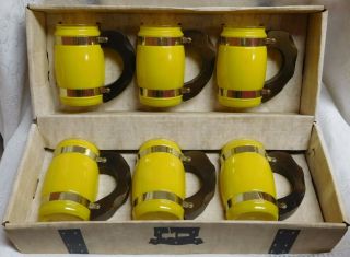 Vtg Set Of 6 Glass Yellow Siesta Ware Barrel Mugs Retro Barware Box