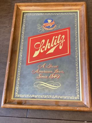 Vintage Schlitz Beer Mirror Sign 15.  5” X 22” Wood Framed Bar Sign Mirror