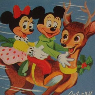 Vintage Christmas Card,  Great Mickey And Minnie Riding Deer,  Disney 4 3/4 "